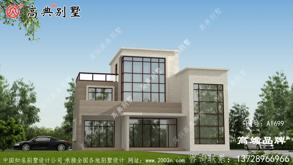 这款现代小别墅，色彩清新，是适合乡村的房子。