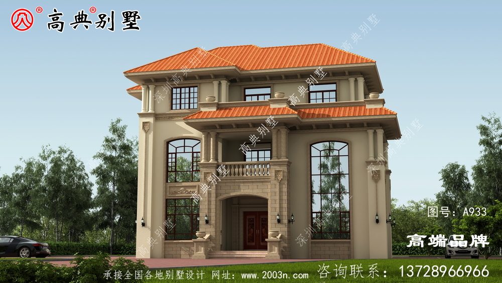 这款新欧式别墅，外观美观时尚，搭配红色坡屋顶，稳重活泼。